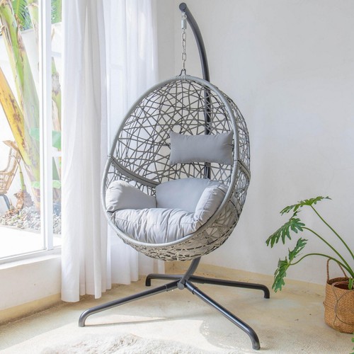 Grey hanging rattan egg chair - hanging,